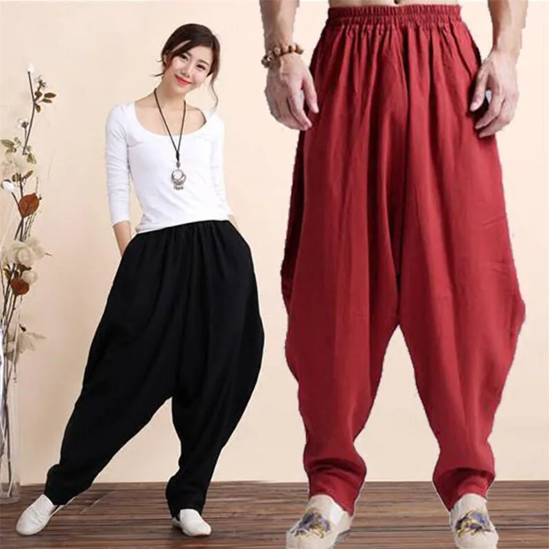 Harem Pants Woman Cotton Linen Loose Solid Pants Female Elastic Waist  Full Length Soft Trousers Black Red