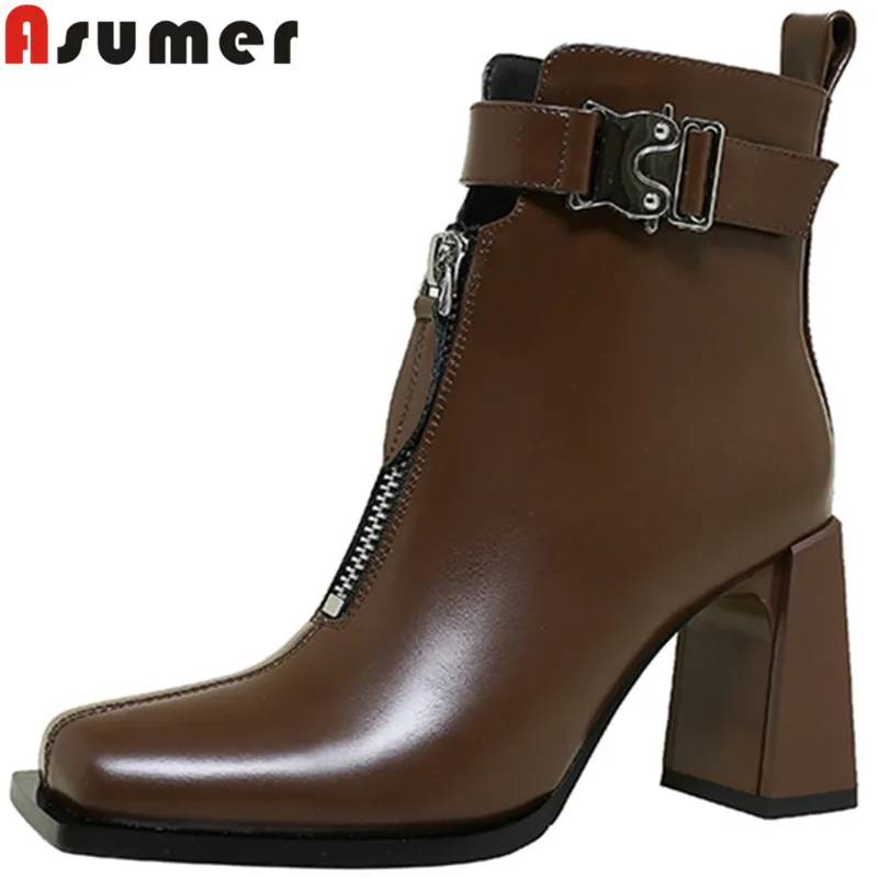 

ASUMER 2022 New Zipper Genuine Leather Boots Woman Solid Thick High Heels Winter Ankle Boots Ladies Dress Shoes