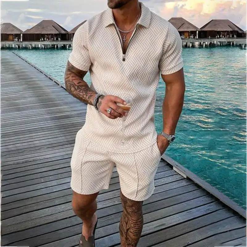 

Men's Tracksuits Summer Tracksuit Casual Short Sleeve Zipper Set For Men Clothes Streetwear 2-piece Suit