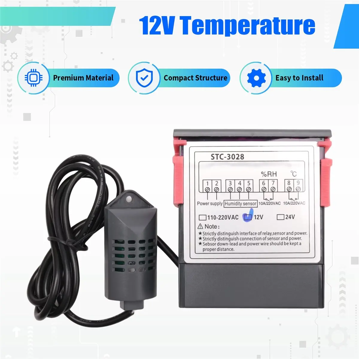 ABGN DC 12V 듀얼 디지털 온도 조절기 온도 습도 조절 온도계 습도계 인큐베이터 컨트롤러 -3028