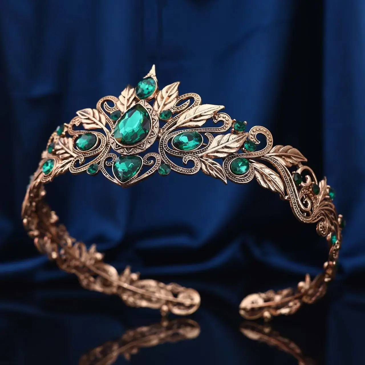 Hair Accessory Vintage Bronze Emerald Green Fairy Crown Tiaras Crystal Leaves Elf Tiara Bandana Hair Accessories for Women Costume Hair Jewelry