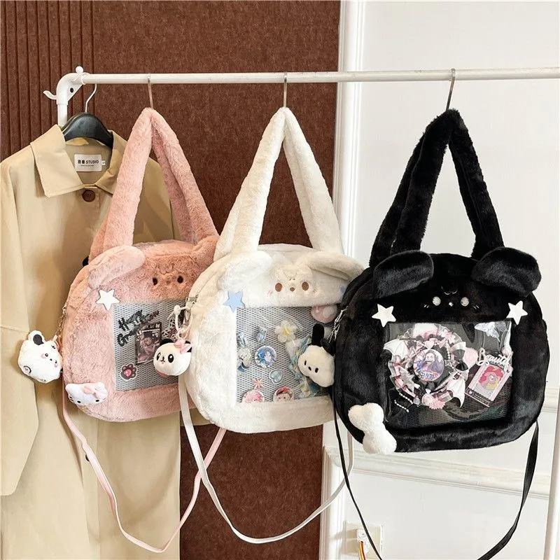 JIAERDI Plush Transparent Black Ita Bag Women Autumn Winter Harajuku Shoulder Crossbody Bags Girls Large Capacity Itabag Handbag