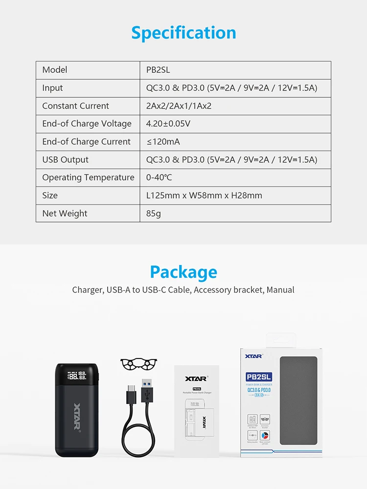 XTAR Power Bank 18650 Battery Charger PB2SL QC3.0 Fast Charge 21700 20700 18700 Rechargeable Batteries