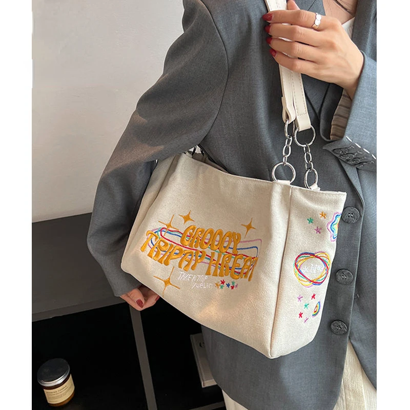 

Portable Retro Vintage Tote Washed Canvas Embroidered Letters High Capacity Shoulder Underarm Bag Shopping Bag Woman Bag