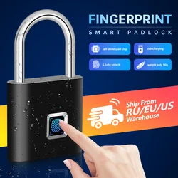 Black silver Keyless USB Rechargeable Door Lock Fingerprint Smart Padlock Quick Unlock Zinc alloy Metal Self Developing Chip