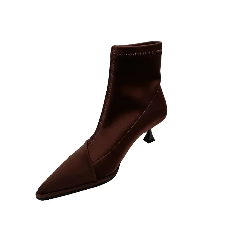 Sexy Pointed Toe High Heels Lady Boots Fashion Elegant Satin Pointed Toe Ankle Boots Famale Thin Stretch Sock Boots Women Shoes
