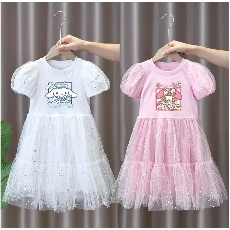 

Детское платье Sanrios с героями мультфильмов Kuromi My Melody Cinnamoroll, милые вечерние платья принцессы для девочек, летняя газовая юбка с коротким рукавом