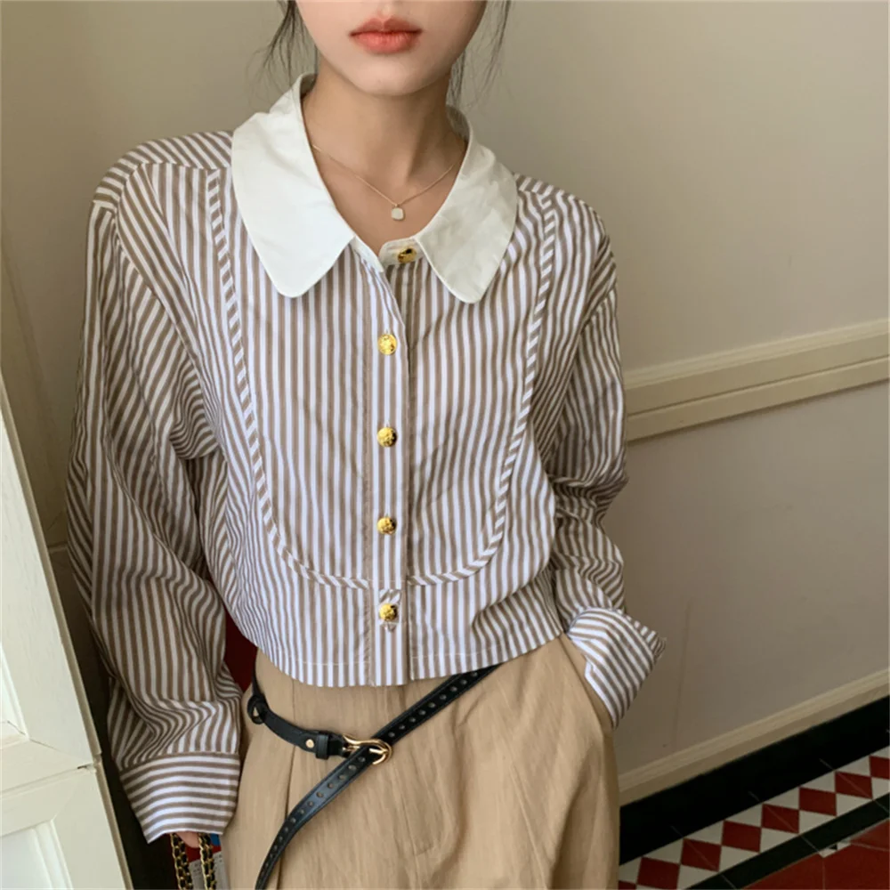 

Alien Kitty Sweet Peter Pan Collar Shirts Women OL Daily Mujer 2023 Full Sleeve Summer Slim New Elegant Office Wear Lady Plaid