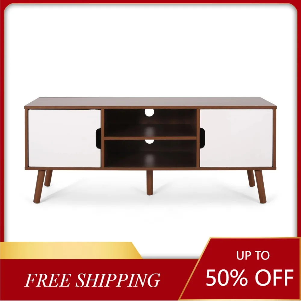 

NEW Home/Furniture Noble House Yadiel Mid-Century Modern TV Stand with 2 Doors and 2 Shelves, Walnut, White US