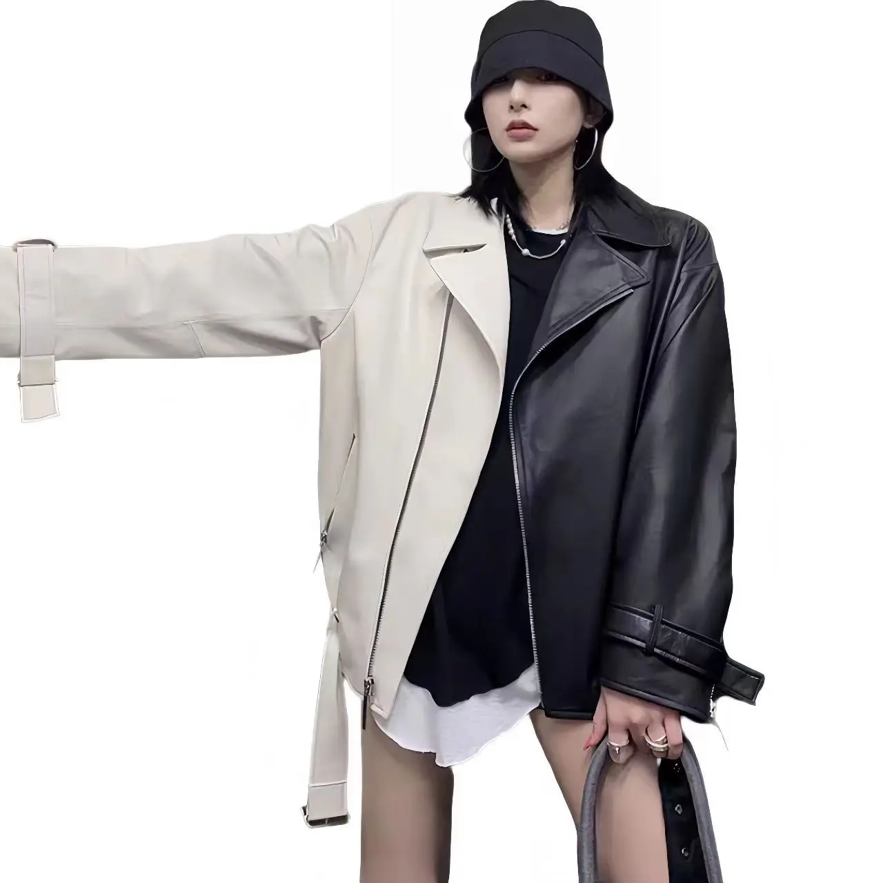 

Motorcycle Leather Coat for Women, Loose, Spliced, Black, White, Short PU Jacket, Europe, United States, Spring, Autumn, New,