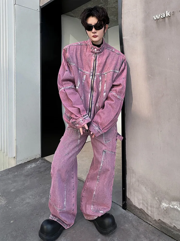 

SYUHGFA Pleated Painting Men's Denim Suit New Chic Gradient Color Stand Collar Male Jacket Casual Men Wide Leg Jeans Spring