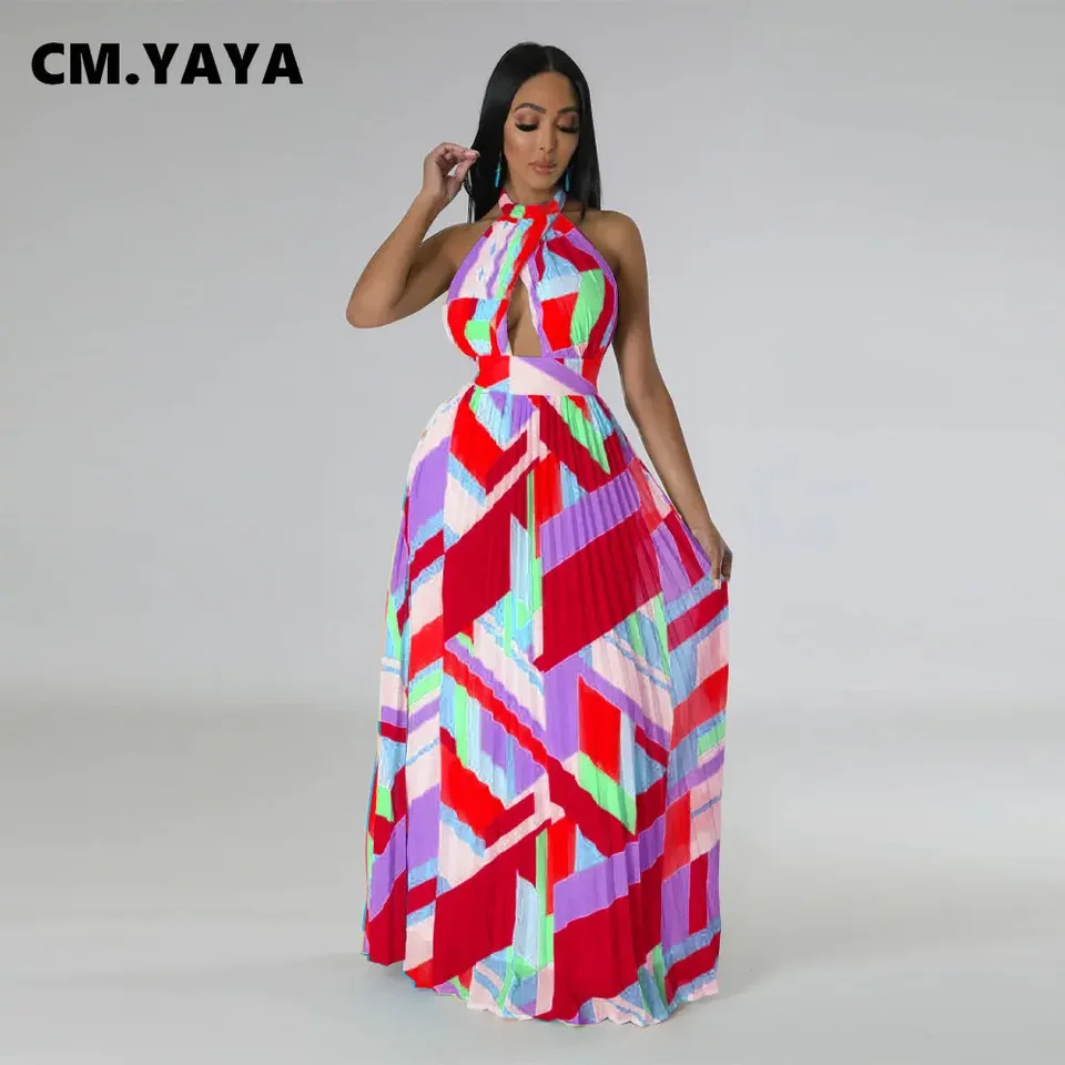 CM.YAYA Women Geometrical Striped Halter Neck Backless Pleated Big