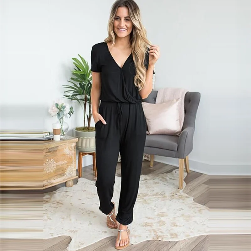 Women Sexy V Neck Cotton Bodysuit Short Sleeve 2023 Summer Autumn Clothing Wear Sexy Slim Long Cotton Bodycon Bandage Jumpsuit 2023 spring female long sleeve solid bodycon jumpsuit bright line decoration black jumpsuit for women one piece sexy club outfit