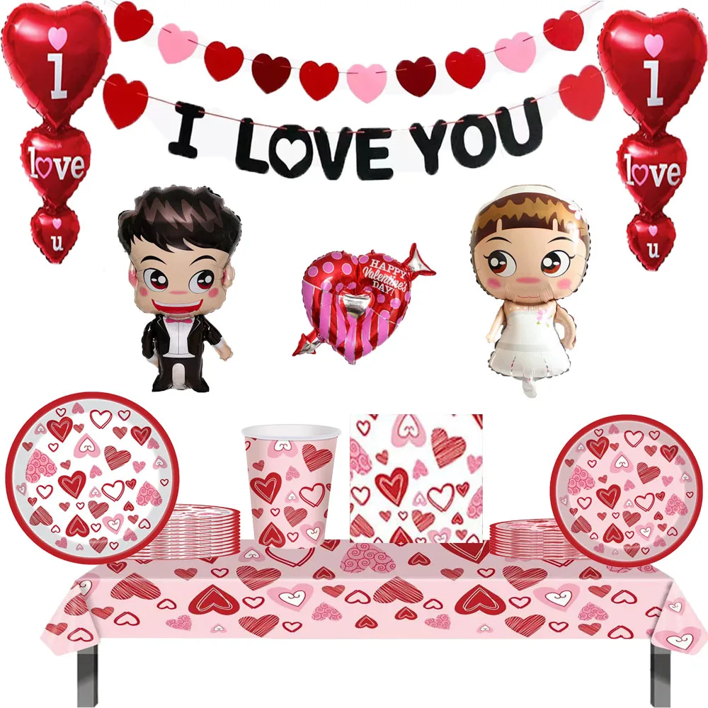 

Red Heart Disposable Tableware Balloon Wedding Background Room Decoration Valentine's Day Decoration Birthday Party Decoration