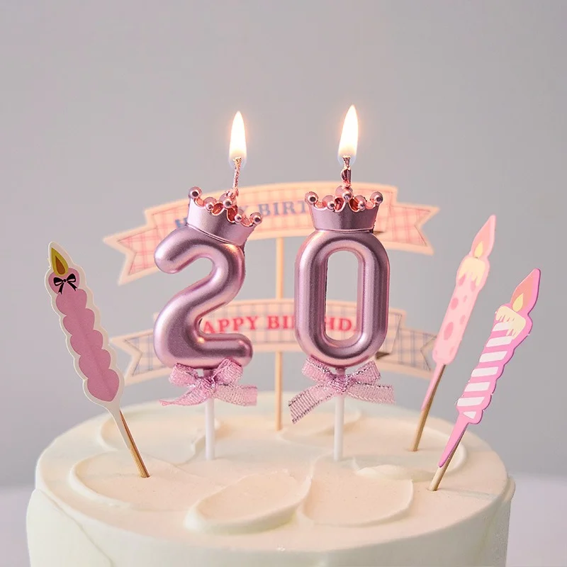 Pink Digital Candle with Crown Bowknot 0-9 Number Birthday Candles Dessert Party Anniversary Cake Decoration for Women and Girls