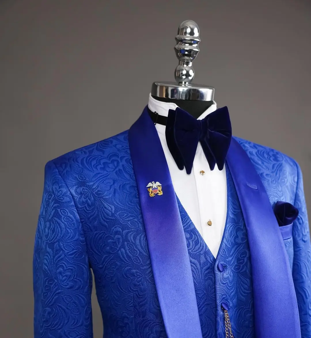 Men Suits For Wedding 2023 Latest Design Custom Made Royal Blue Jacquard Smoking Tuxedo Jacket 3 Piece Groom Terno Suits For Men