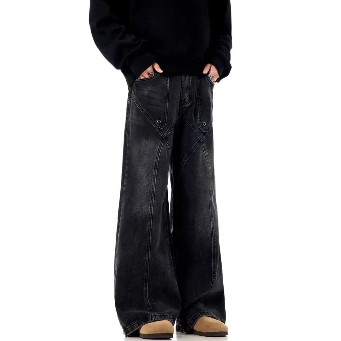 Street Hip Hop Trendy Handsome Splicing Water Washed Jeans for Men and Women Autumn Retro Loose Wide Leg Harajuku Casual Pants 4