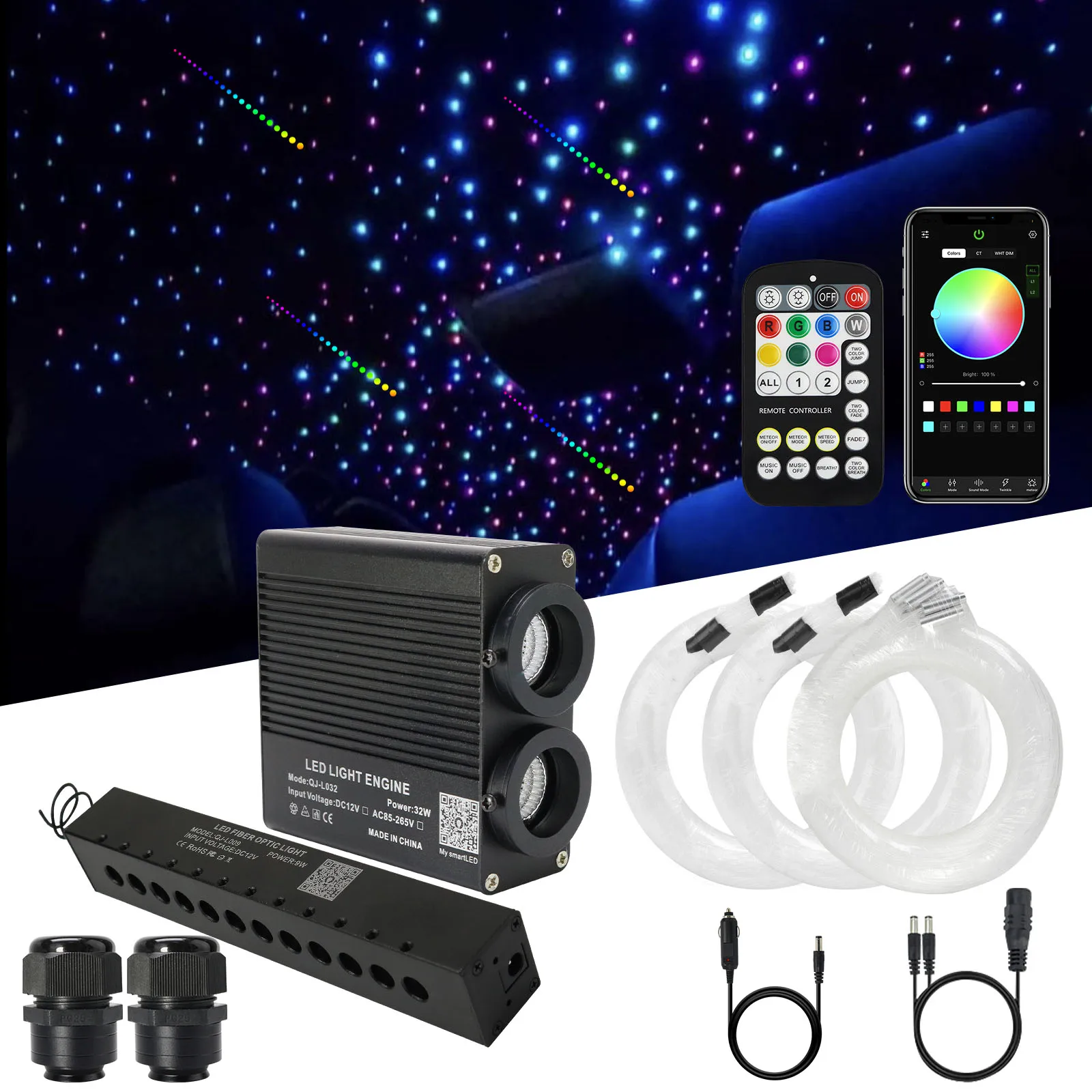 32W Dual Head Car Roof Star Luce In Fibra Ottica Con Rgbw Shooting Meteor Effect App E Rf Car Led Luci Interne Soffitto Cielo Stellato