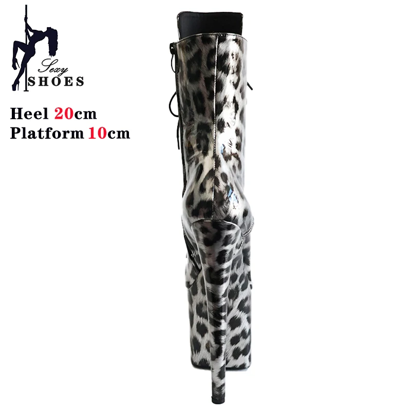 Bright PU Leopard Pole Dance Boots For Lady 20Cm High Fetish Stripper Heels Extreme High Heeled Booties Nightclub Ankle Shoes