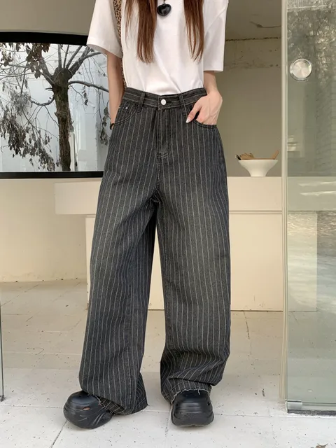 2024 Ropa Y2K Fashion Vintage Striped Wide Leg Baggy Jeans Pants For Women Clothes Straight Washed Black Casual Lady Trousers 1