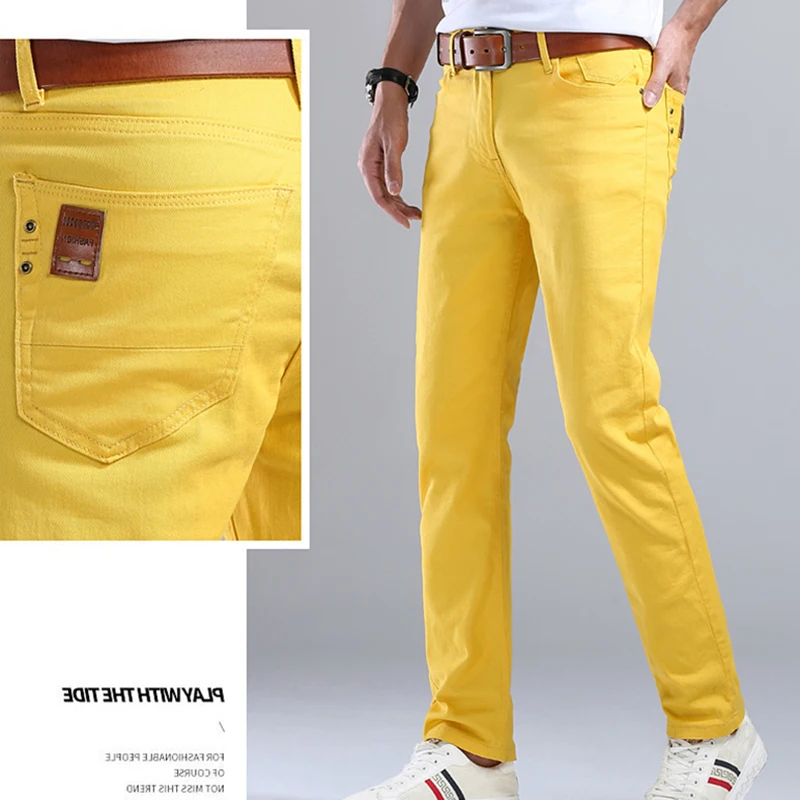 Fashion Straight Stretch Denim Pants Solid New Men's Slim Jeans Solid Yellow Red Green Blue Business Casual Classic Trousers 2