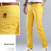 Fashion Straight Stretch Denim Pants Solid New Men's Slim Jeans Solid Yellow Red Green Blue Business Casual Classic Trousers 2