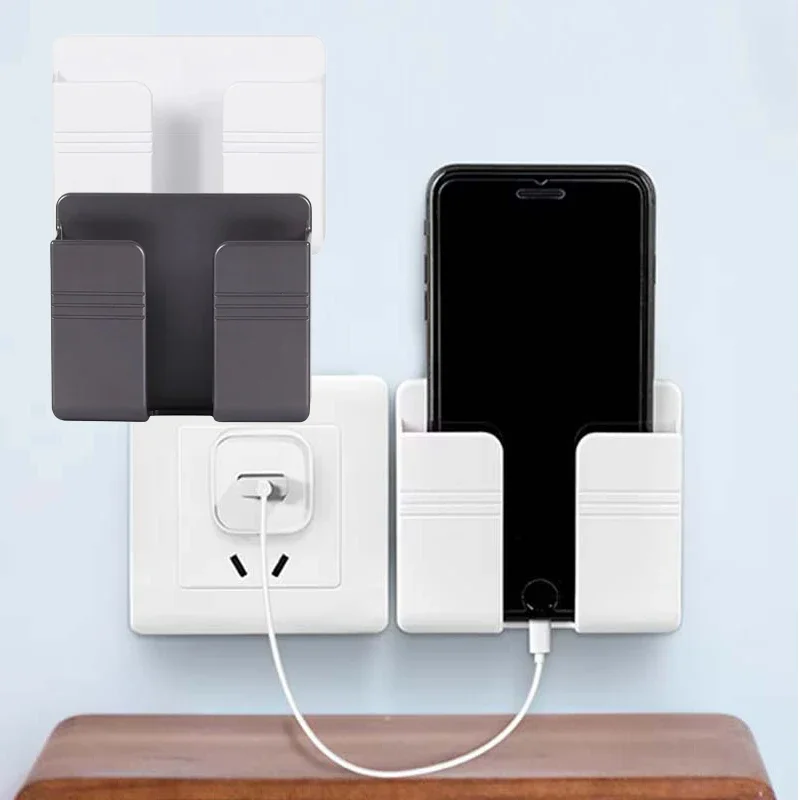 2PCS Wall Mounted Mobile Phone Charging Case Holder Adhesive Remote Control Base Non Perforated Wall Storage Rack Base phone charging case holder