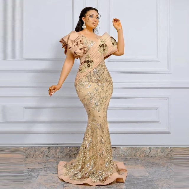 Elegant Gold Lace Mermaid Evening Dress Aso Ebi Style Nigerian Prom Dresses  Long Floor Length African Women Party Gowns Custom