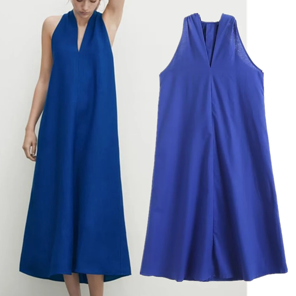 

Jenny&Dave Office Ladies Retro Halter Neck Casual Commuting Party Dress Women Summer French Fashion Royal Blue Elegant Dress