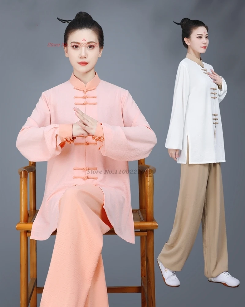 2024 Tradizionale Tai Chi Kungfu Training Exercise Tops + Pants Set Vintage Arti Marziali Wushu Practice Stage Performance Clothes