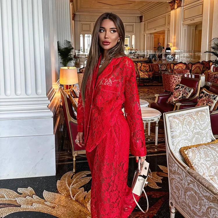 Lace Hollow Out Printed 2 Piece-Set Trousers Female See-Through Sexy See-Through Shirts And Fashion Women's Pants Outfits