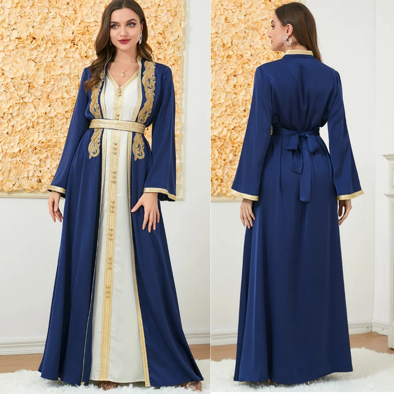 2023 Muslim Abayat Dress Slim Fall Cardigan Straight Skirt Two Piece Set Abayas for Women Dubai Europe and America Muslim Sets