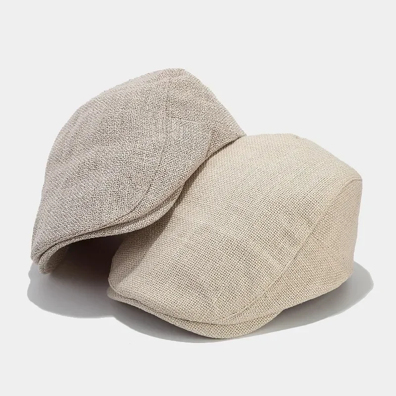 Summer Mens Beret Linen Peaked Cap Adjustable Newsboy Cap Breathable Vintage Solid Black Ivy Duckbill Hat Boinas Para Mujer 3