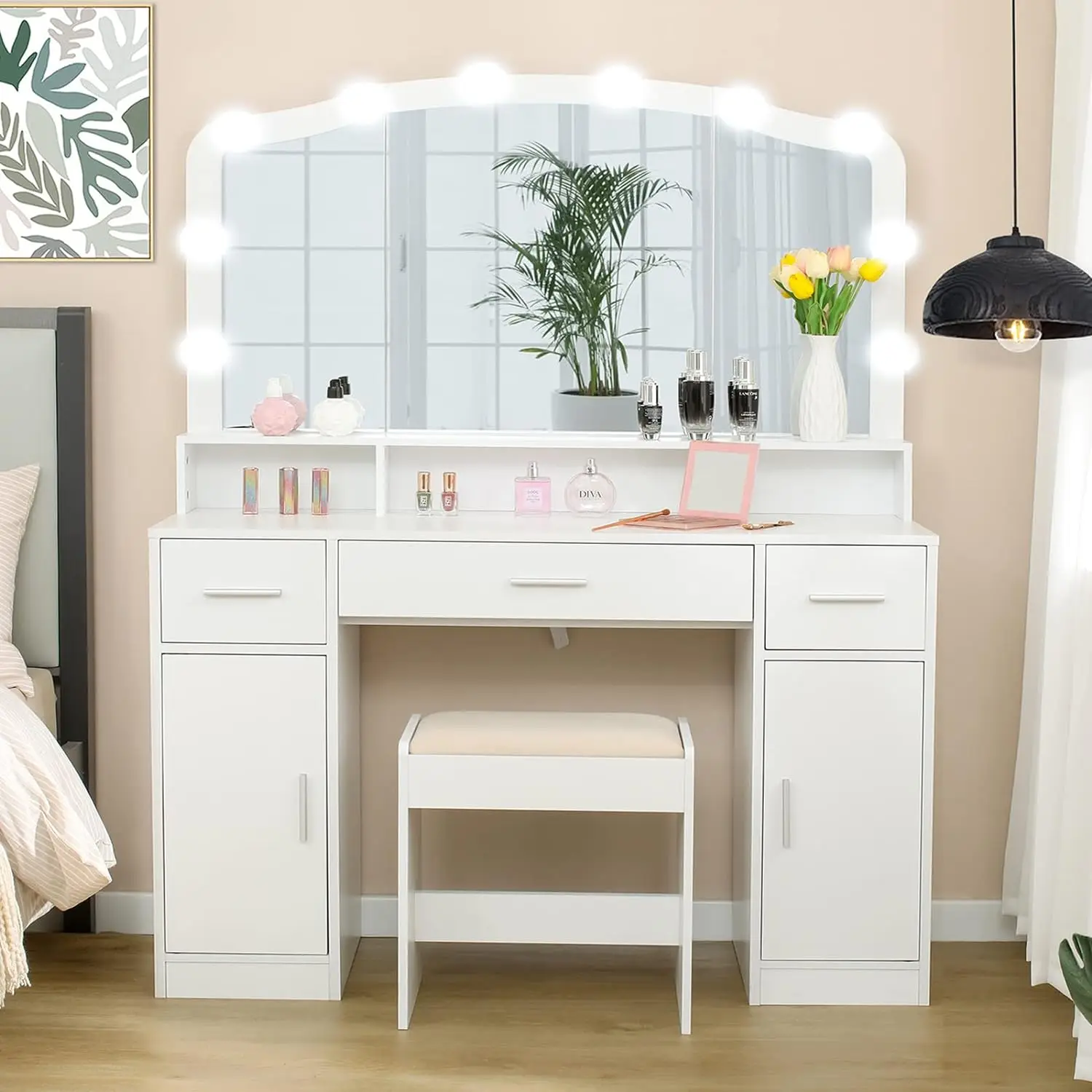 Modern Makeup Vanity Table with 3 Drawers, 2 Storage Cabinets & 10 LED Bulbs, 1