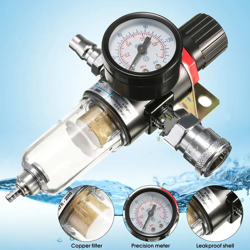 1/4'' 130PSI Air Compressor Filter Water Separator Trap Tool Kit With Regulator 