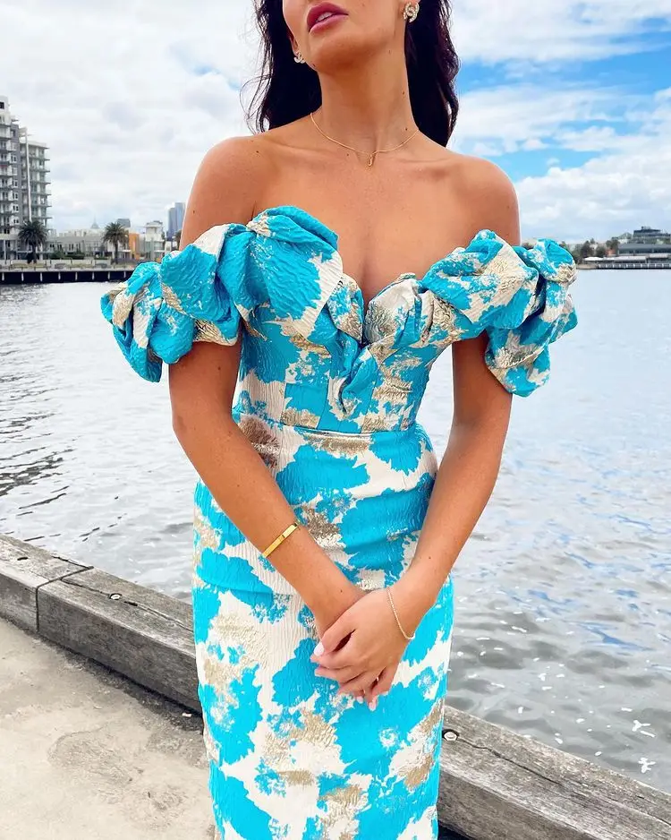 

Женское облегающее жаккардовое платье миди, длинное облегающее платье с прямыми плечами, оборками, в стиле звезд, для клуба, свадьбы, вечеринки, на лето