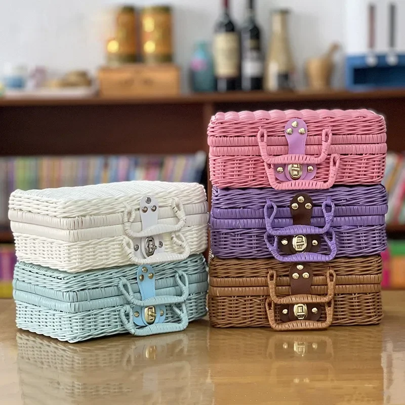 Vintage Rattan Suitcase with Gift Case Solid Woven Rattan Portable Mini Suitcase