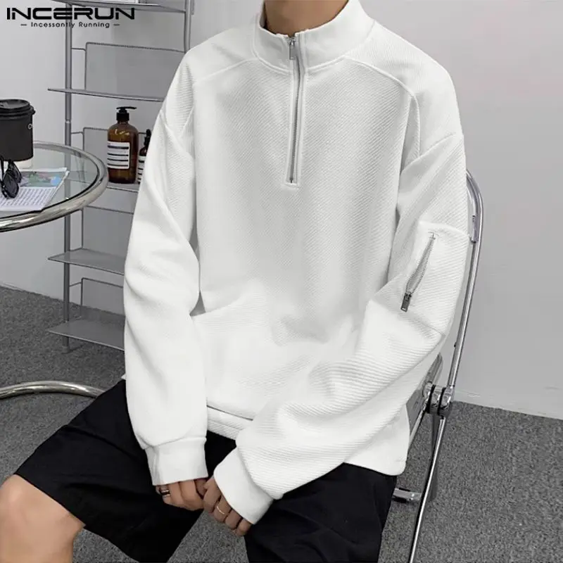 

INCERUN Tops 2023 Korean Style Mens Texture Zipper Half High Neck Sweater Autumn Winter Leisure Solid Long Sleeved Sweater S-5XL