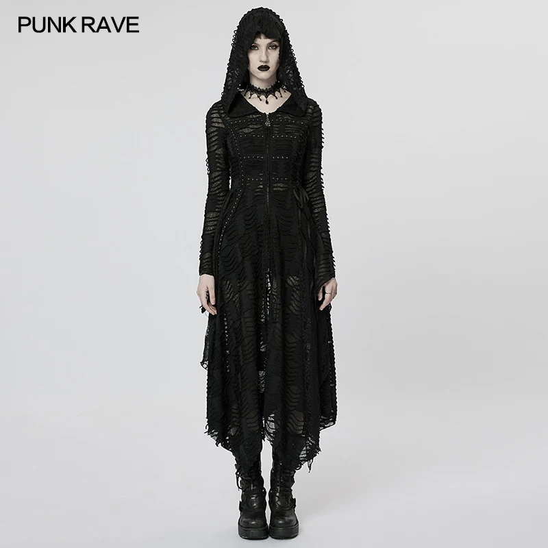 

PUNK RAVE Women's Splices Lace Mesh Dark Wizard Coat Gothic Mysterious Personality Halloween Club Irregular Long Jacket