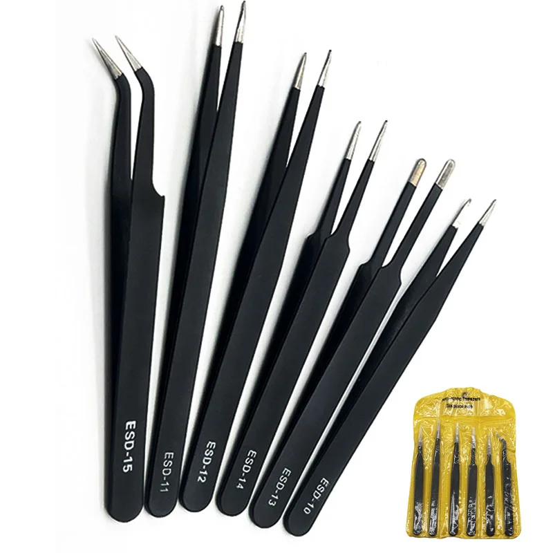 Stainless Steel Tweezers Curved Straight ESD Anti-Static Tweezers Set Industrial Precision Picking Up Cotton Repair Hand Tools