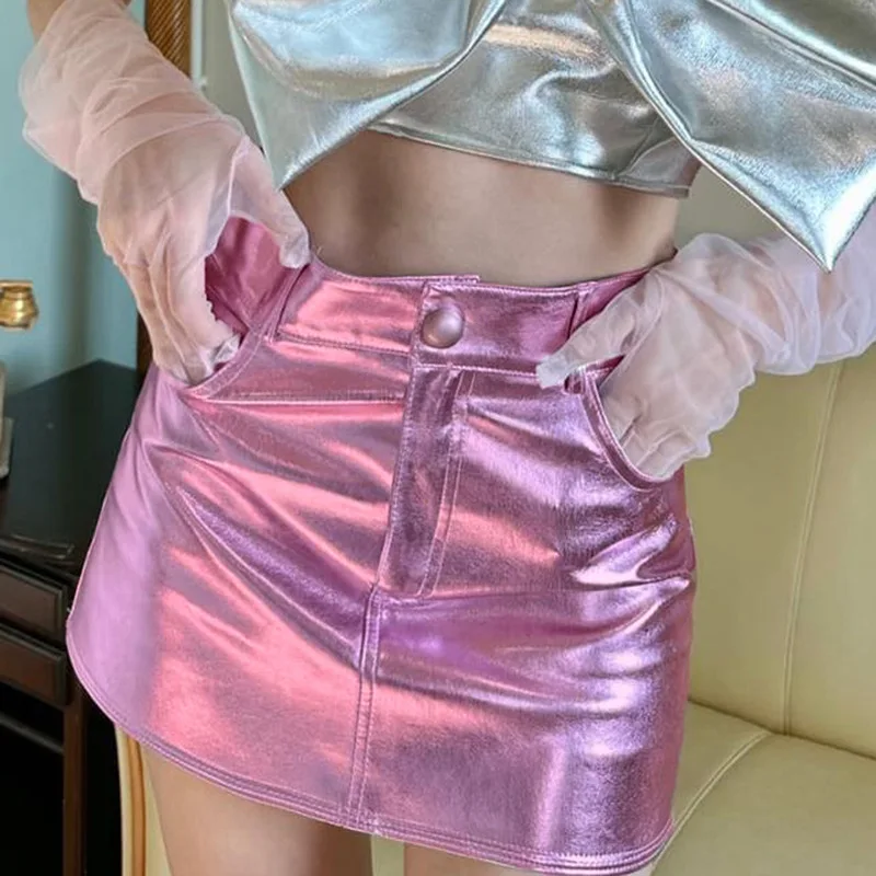 

Sexy Shiny Metallic Patent Leather Miniskirt Womens Dancing Party Rave Clubwear Skirt Pole Dance Costume Sexy Dress 2023 Summer