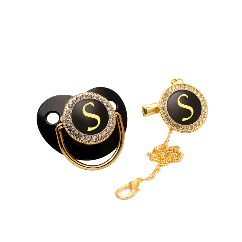 Black Bling Baby Pacifier and Pacifier Clips BPA Free Infant Pacifier Gold Letter Unique Name Initials Newborn Dummy Soother 10 S3bdcf7f107f841bf8f1309ce203bc2a4t