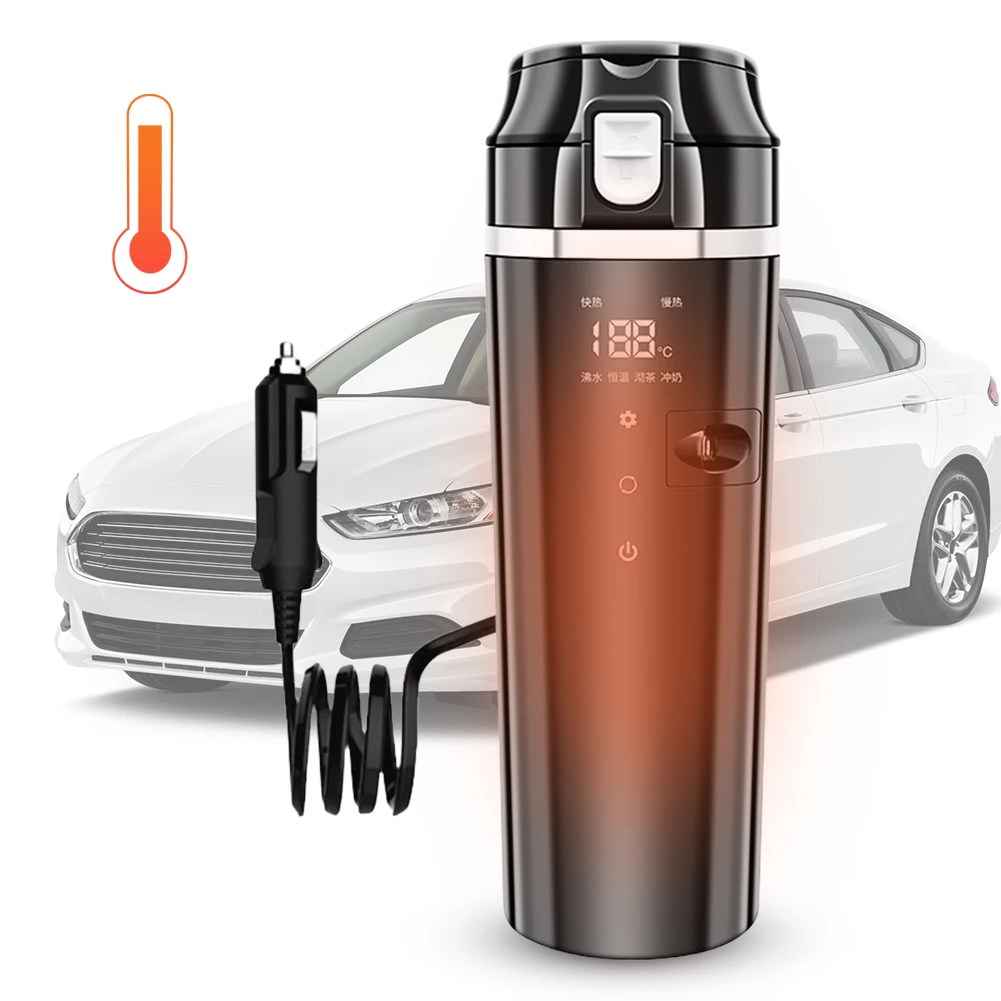 12V/24V 차량용 가열 스마트 머그 디지털 LCD 디스플레이 전기 물컵 스테인리스 스틸 휴대용 자동차 가열컵 물 보온병