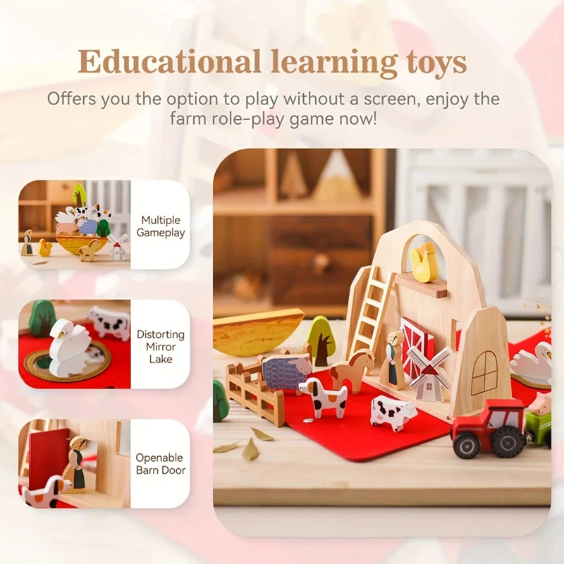 18Pcs Farm Animals Barn Toys Wooden Montessori Stacking For Toddlers Red Barn Toys Farm Pretend Playset Birthday Gift-Y46A