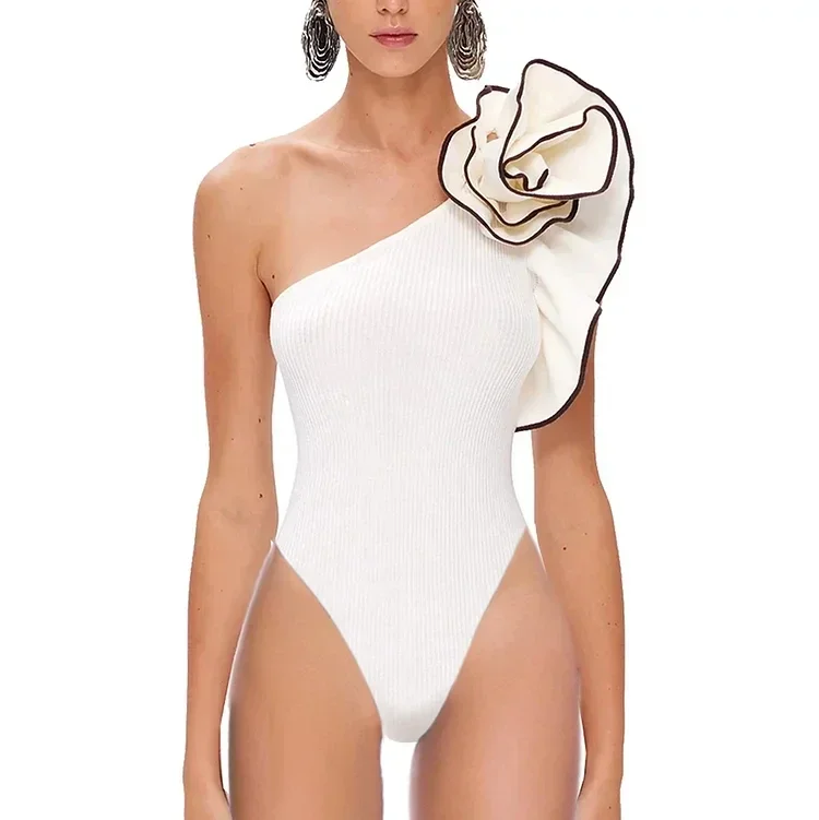 White Bathing Suit With Flowers One Shoulder 3D Flower White