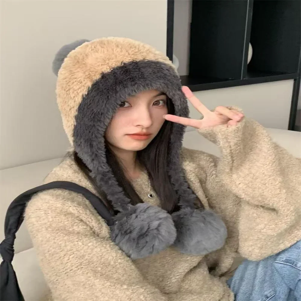 Fluffy Plush Women Beanie Cap Winter Warm Big Pompom Knitted Ear Protection Hat Windproof Snow Ski Female Earmuffs Caps 2