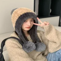 Fluffy Plush Women Beanie Cap Winter Warm Big Pompom Knitted Ear Protection Hat Windproof Snow Ski Female Earmuffs Caps 2
