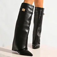 Black Pu Leather Knee High Boots Women Sexy Pointed Toe Straight Leg Boots Woman Punk Style Wedge High Heels Long Botas Mujer - Image 5
