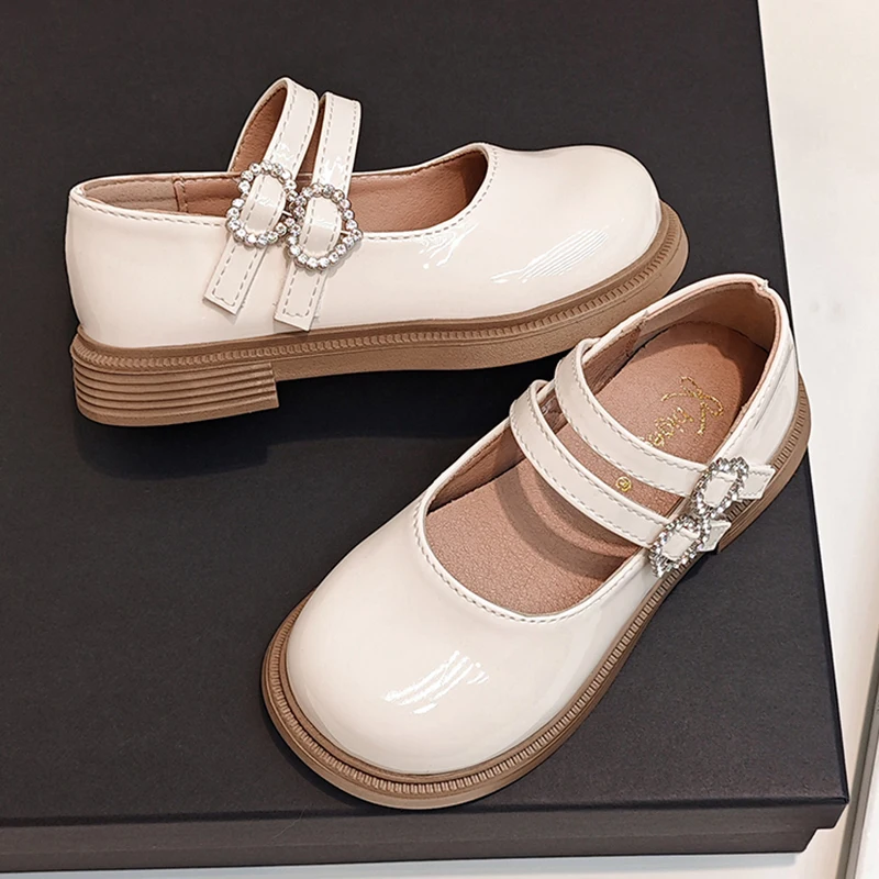 Fashion Double Buckle Mary Jane Shoes for Kids Round Toe Crystal Buckle Flats Shoes Girls Pu Leather Low Heel Single Shoes 21-36