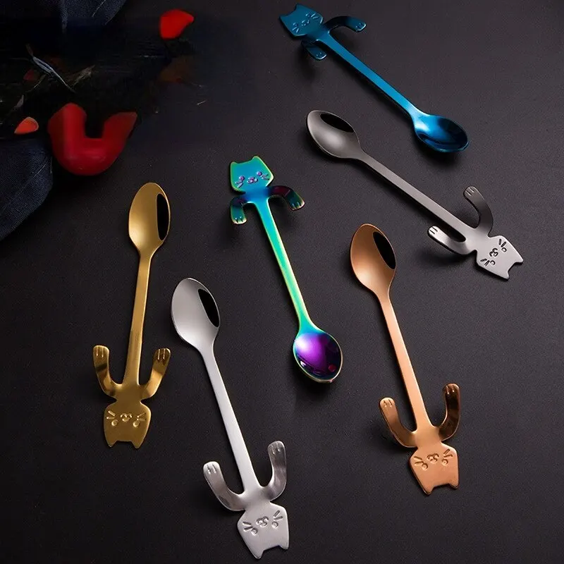 Stainless Steel Spoons 1pc Creative Cat Shaped Coffee Spoon Teaspoon Children Spoon Cake Stirring Sugar Soup Dessert